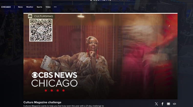 CULTURS CEO Doni Aldine sitting on couch with magazine and CBS News Chicago Logo Below
